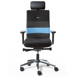 Bürodrehstuhl „Agilis AG10“, mit 4-fach verstellbaren Armlehnen und Kopfstütze, Polster schwarz mit blauem Kontraststreifen, belastbar bis 120 kg