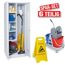 Spar-Set "Reinigung", 6-teilig, mit Putzmittelschrank, Nasswischwagen und Warnschild