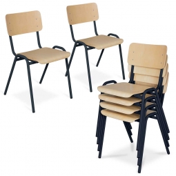 6-Set Stapel-Stuhl/Warteraum-Stuhl mit Stahlrohrgestell, belastbar bis 150 kg, kunststoffbeschichtet, Sitz und Lehne aus Buchenschichtholz, Gestellfarbe schwarz