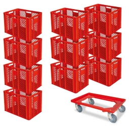 Set mit 10 Euro-Stapelbehältern 600x400x410 mm, rot +GRATIS 1 Transportroller