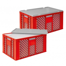 2x EPS-Thermobox im Stapelkorb mit Deckel, LxBxH 600x400x320 mm, roter Korb, grauer Deckel