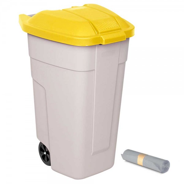 Rolleimer 100 Liter + GRATIS 50 Müllsäcke, BxTxH 510 x 550 x 850 mm, Korpus beige, Deckel gelb