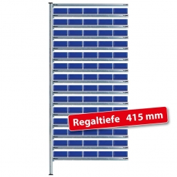 Anbauregal, verzinkt, BxTxH 1035x415x2000 mm, 15 Ebenen, 70 Regalkästen LxBxH 400x183x81 mm, blau