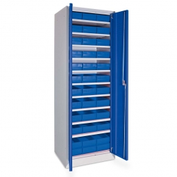 Schrank - BxTxH 600x500x1800 mm mit Türen in enzianblau RAL 5010, 36x Regalkästen - LxBxH 400x183x81 mm in blau