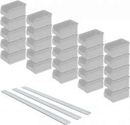 25 graue Sichtboxen + 3 Wandschienen, Inhalt 0,85 Liter, Material Polypropylen-Kunststoff (PP)