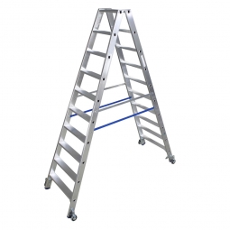 Alu-Stufen-Doppelleiter mit 2x 10 Stufen, fahrbar, Leiterhöhe 2350 mm, max. Arbeitshöhe 4100 mm, Gewicht 13,9 kg