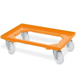 Transportroller für 600x400 mm Eurobehälter, offenes Deck, 4 Lenkrollen, weiße Kunststoffräder, orange