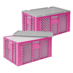 2x EPS-Thermobox im Stapelkorb mit Deckel, LxBxH 600x400x320 mm, pinker Korb, grauer Deckel