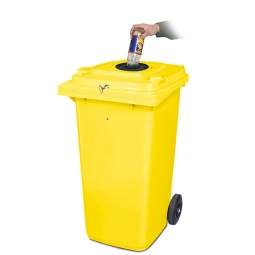 Verschließbarer Müllbehälter mit Flascheneinwurf und Gummirosette, 120 Liter, gelb