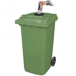 Verschließbarer Müllbehälter mit Flascheneinwurf und Gummirosette, 240 Liter, grün