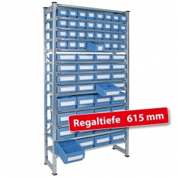 Fachbodensteck-Grundregal, BxTxH 1000x615x2000 mm, 13 Böden, mit 64 Regalkästen, 3 Größen gemischt, Farbe hellblau