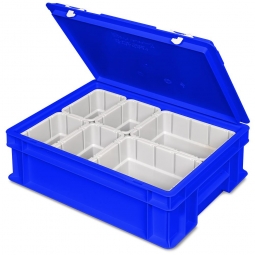 Euro-Deckelbehälter mit 6 Einsatzkästen, LxBxH 400x300x130 mm, blau