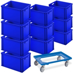 10x Euro-Stapelbehälter, Spar-Set, LxBxH 600x400x320 mm, blau + GRATIS: 1 Transportroller
