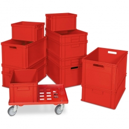 Set mit 12 roten Euro-Stapelbehältern in 4 Größen + Gratis 1 Transportroller