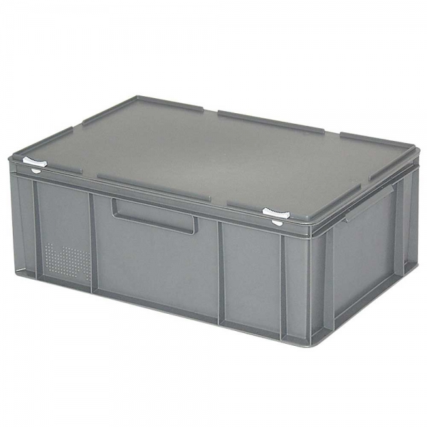 Euro-Aufbewahrungsbox mit Deckel, LxBxH 600x400x230 mm, 43 Liter, grau, Euro-Deckelbehälter aus Polyethylen, Euro-Deckelbehälter, Eurobehälter, Behälter und Kästen