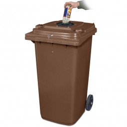 Verschließbarer Müllbehälter mit Flascheneinwurf und Gummirosette, 240 Liter, braun
