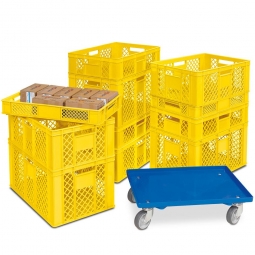 Set mit 11 gelben Euro-Stapelbehältern in 4 Höhen + Gratis 1 Transportroller