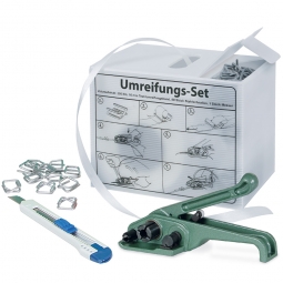 Umreifungs-Komplett-Set mit Spenderbox + 1 Rolle Polyesterband 200 m lang, 16 mm breit + Bandspanner + 80 Metall-Verschlussklammern + Cuttermesser