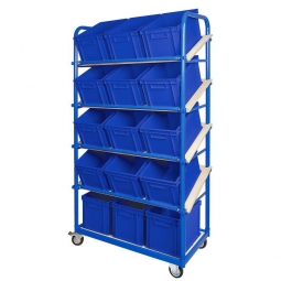 Schrägboden-Regalwagen mit 5 Ebenen, BxTxH 1050x500x1880 mm, 2 Lenk- (mit Feststellbremse) u. 2 Bockrollen, bestückt mit 15 Euroboxen BxTxH 400x300x235 mm, mit Griffleisten