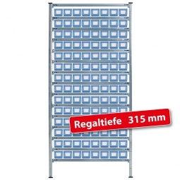 Fachbodensteck-Grundregal, BxTxH 1000x315x2000 mm, 15 Böden, mit 112 Regalkästen LxBxH 300x117x90 mm, Farbe hellblau