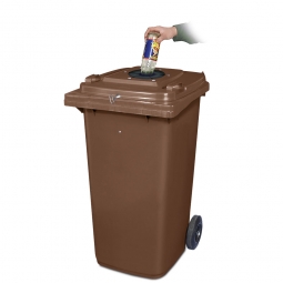 Verschließbarer Müllbehälter mit Flascheneinwurf und Gummirosette, 120 Liter, braun
