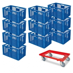 10x Euro-Stapelbehälter 600x400x320 mm, blau +GRATIS 1 Transportroller