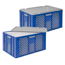 2x EPS-Thermobox im Stapelkorb mit Deckel, LxBxH 600x400x320 mm, blauer Korb, grauer Deckel
