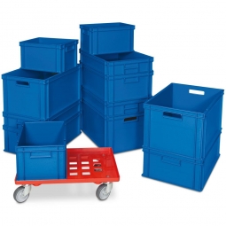 Set mit 12 blauen Euro-Stapelbehältern in 4 Größen + Gratis 1 Transportroller