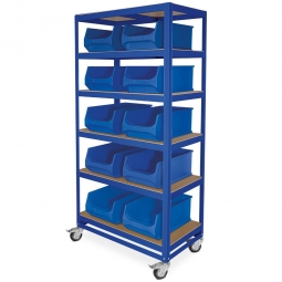 Kommissionierwagen mit 6 Ebenen, BxTxH 900x500x1905 mm, Tragkraft 200 kg, blau, bestückt mit 10 blauen Sichtboxen 