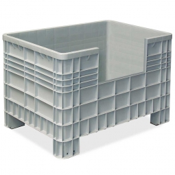 Palettenbox mit Außenrippen und 4 Füßen, Zuschnitt an einer Längsseite, Außenmaße LxBxH 1170x800x800 mm, grau