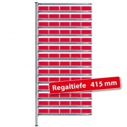 Anbauregal, verzinkt, BxTxH 1035x415x2000 mm, 15 Ebenen, 70 Regalkästen LxBxH 400x183x81 mm, rot