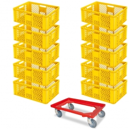 Set mit 10 Euro-Stapelbehältern 600x400x240 mm, gelb +GRATIS 1 Transportroller