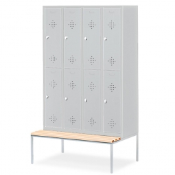 Stahl-Fächerschrank mit untergebaute Sitzbank und Drehriegelverschluss, 8 Fächer, BxTxH 1190x500/815x2090 mm Stahl-Fächerschrank mit untergebaute Sitzbank und Drehriegelverschluss, 8 Fächer, BxTxH 1190x500/815x2090 mm