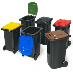 6er-Set Mini-Mülltonne mit Spardosenschlitz, Behälter grau / Deckel grau, braun, blau, gelb, rot und grün / Miniatur Stifte Box Büro Schreibtisch Sammelbox