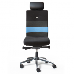 Bürodrehstuhl „Agilis AG10“, mit Kopfstütze, Polster schwarz mit blauem Kontraststreifen, belastbar bis 120 kg