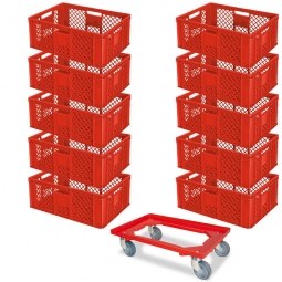Set mit 10 Euro-Stapelbehältern 600x400x240 mm, rot +GRATIS 1 Transportroller