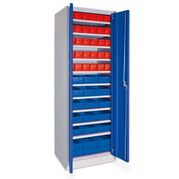 Schrank mit Regalkästen rot, LxBxH 400x91x81 mm + blau, LxBxH 400x183x81 mm, Türen in enzianblau RAL 5010