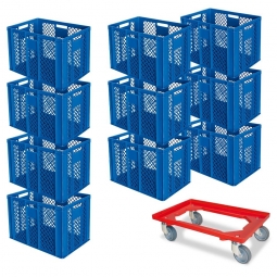 Set mit 10 Euro-Stapelbehältern 600x400x410 mm, blau +GRATIS 1 Transportroller