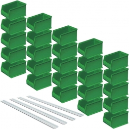 25 grüne Sichtboxen + 4 Wandschienen, Inhalt 2,9 Liter, Material Polypropylen-Kunststoff (PP)