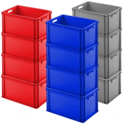 Set mit 12 Euro-Stapelbehältern, LxBxH 600x400x320 mm, 4x blau, 4x rot, 4x grau