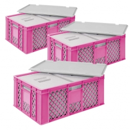 3x 2 EPS-Thermoboxen im Stapelkorb mit Deckel, LxBxH 600x400x240 mm, pinker Korb, grauer Deckel