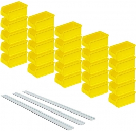 25 gelbe Sichtboxen + 3 Wandschienen, Inhalt 0,85 Liter, Material Polypropylen-Kunststoff (PP)