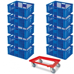 10x Euro-Stapelbehälter 600x400x240 mm, blau +GRATIS 1 Transportroller