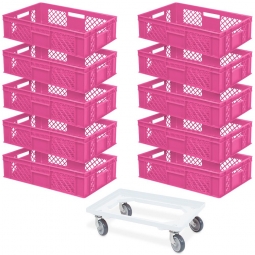 10x Euro-Stapelbehälter 600x400x150 mm, pink +GRATIS 1 Transportroller