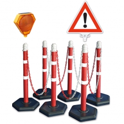 Ketten- / Warnständer Komplett-Set mit 6 Kettenständern, 1 Schild "Achtung" und 1 Solar-Blinklampe