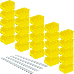 25 gelbe Sichtboxen + 4 Wandschienen, Inhalt 2,9 Liter, Material Polypropylen-Kunststoff (PP)
