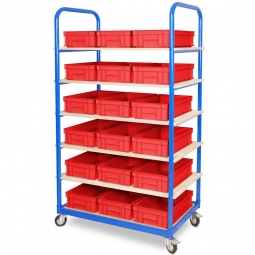 Etagenwagen mit 6 Ebenen, BxTxH 1050x500x1690 mm, 4 Lenkrollen, 2 Rollen mit Feststellbremse, bestückt mit 18 Euroboxen BxTxH 400x300x120 mm, mit Griffleisten