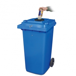 Verschließbarer Müllbehälter mit Flascheneinwurf und Gummirosette, 120 Liter, blau