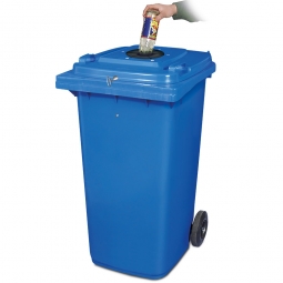 Verschließbarer Müllbehälter mit Flascheneinwurf und Gummirosette, 240 Liter, blau
