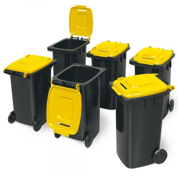 6er-Set Mini-Mülltonne mit Spardosenschlitz, Behälter grau / Deckel gelb /  Miniatur Stifte Box Büro Schreibtisch Sammelbox, Mini-Mülltonnen, System-Mülltonnen, Abfall- und Wertstoff, Umwelt
